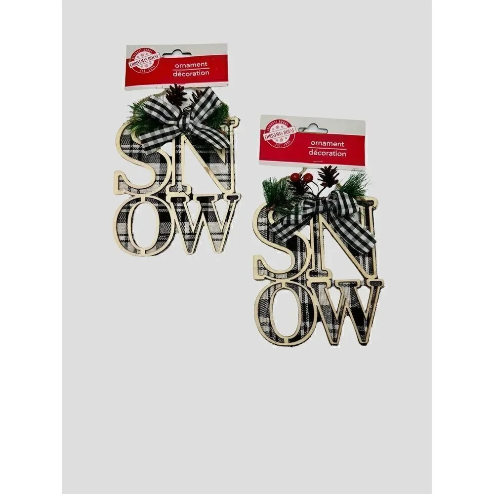 Plaid SNOW Rustic Farmhouse Christmas Holiday Ornaments Black and White 5 Inches